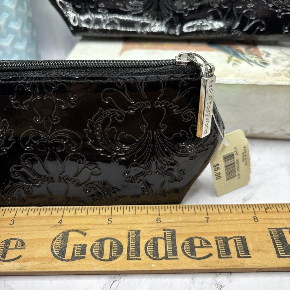 Bath & Body Works Black Patent Embossed Damask Cosmetic Bag Set‎ Of 4 NWT Rare